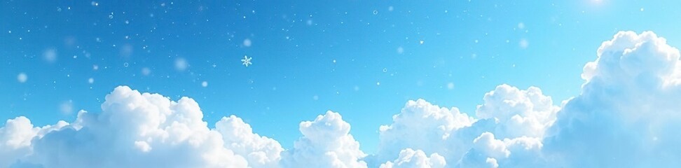 Wall Mural - blue sky with white fluffy clouds and falling snowflakes, cloudy, fluffy cloud, snowflake