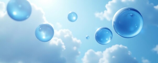 Canvas Print - blue spheres drifting through a white cloudy sky, flarium, blue bubbles, gentle hue