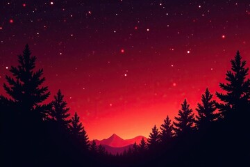 Wall Mural - Red and white starry night sky with pine branches, red, white, sky