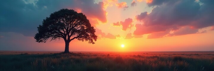 Canvas Print - Sunlight filters through the leaves of a lone tree in the distance, twilight, branches, vastness