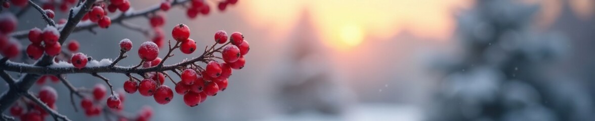 Wall Mural - Red berries cling to bare tree branches in the misty dawn, peaceful winter scene, red berries, frosty trees