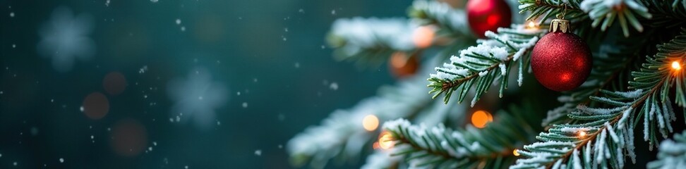 Wall Mural - red dot on snow-covered christmas tree branch, evergreen, festive decoration