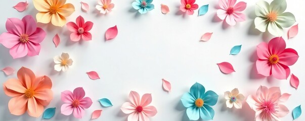 Wall Mural - Delicate paper flowers scattered on a crisp white surface, petals, elegance