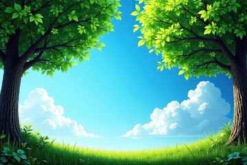 Wall Mural - Blue sky background with tree trunks and lush leaves, leaves, greenery, trees