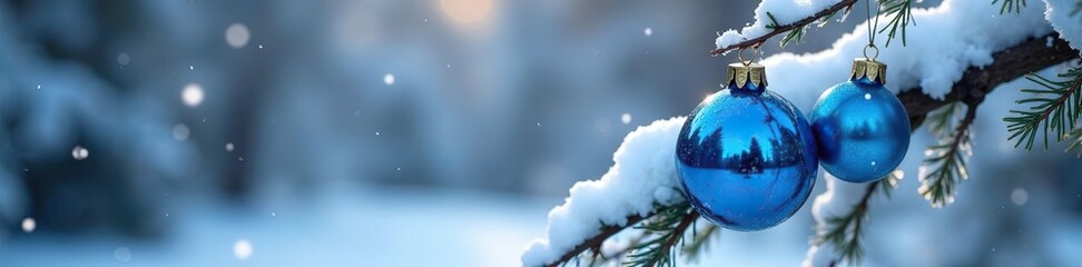 Wall Mural - blue christmas ball garland on a snow-covered branch, holiday decorations, wintry wonderland, winter
