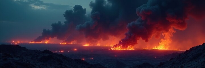 Wall Mural - dark smoke with glowing embers in the distance, intense, light