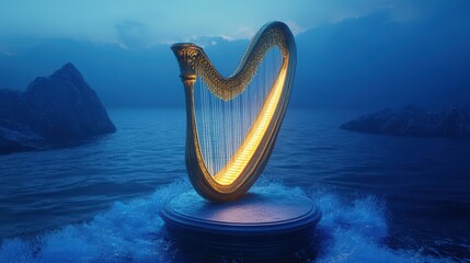 Canvas Print - A Golden Harp Rests Upon a Dark Ocean Pedestal