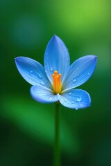 Wall Mural - Delicate blue petals with tiny orange droplets on a green background create a sense of serenity, calm, garden, flora