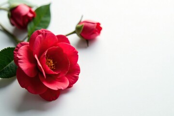 Wall Mural - Red camellia flowers on a white background with subtle shadows, red, bloom, flower