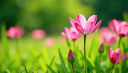 Wall Mural - Soft petals of pink flowers sway gently in the breeze amidst lush green grass, greenery, morning