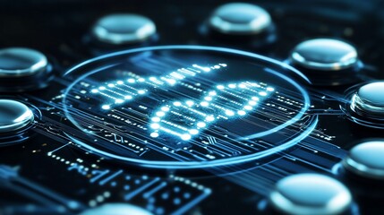 Glowing DNA code on circuit board; tech background