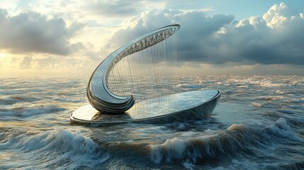 Canvas Print - A Metallic Harp Sculpture Rests Upon Ocean Waves