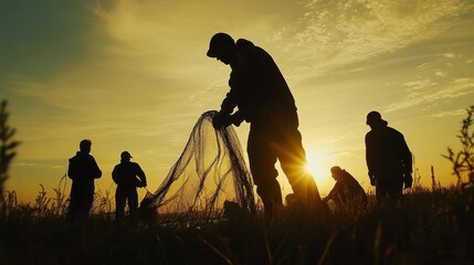 Canvas Print - Fishermen Silhouette at Sunset with Fishing Net