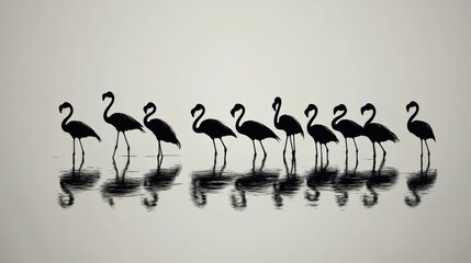  Silhouetted Flamingos Reflecting in Calm Water