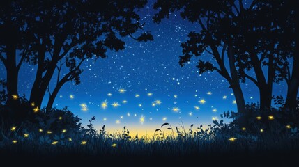 Wall Mural - Night Sky Fireflies Glow Amidst Silhouetted Trees