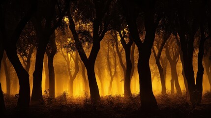 Wall Mural - Golden Mist Illuminates Silhouetted Forest Trees