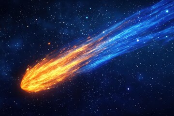 Wall Mural - spectacular cosmic fireball with intense orange core trailing brilliant blue plasma tail against starlit sky, photorealistic detail