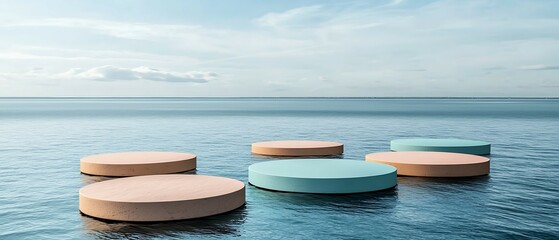 Wall Mural - floating platforms in serene waters create a tranquil scene under a cloudy sky, evoking relaxation a