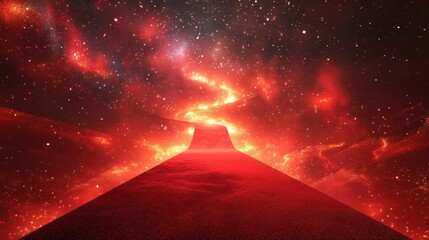 Sticker - A vibrant red pathway leads towards a distant starry nebula