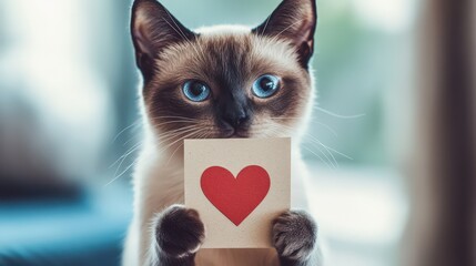 Wall Mural - Adorable Siamese Cat Holding a Heart Shaped Card