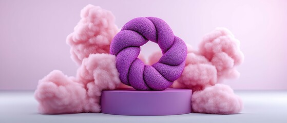 Wall Mural - a vibrant purple doughnut-shaped object surrounded by fluffy pink clouds set against a soft pastel b