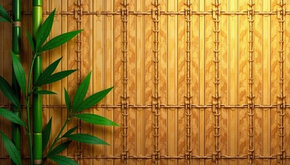 Wall Mural - Woven bamboo fabric with subtle sheen and warm light effects, earthy tone, folk art