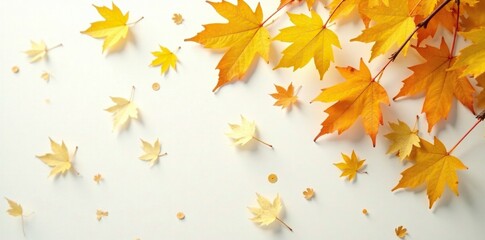 Wall Mural - Yellow and green oak tree leaves scattered on white surface in autumn scene, yellow, texture, foliage