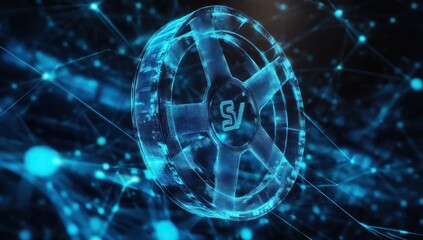Wall Mural - futuristic glowing cyber wheel illustration radiating network connections on dark backdrop digital a