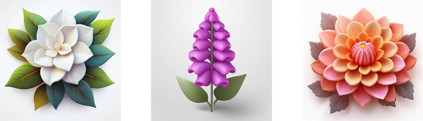 Wall Mural - three isolated flowers, white, purple, and orange, with green leaves are displayed against a plain w