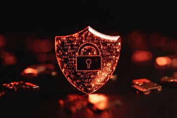Shielded padlock protection with binary background for data security or cyber safety