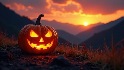 halloween pumpkin aglow in fire valley at dusk, lantern, pumpkin, halloween