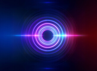 Wall Mural - vibrant neon concentric circles radiate blue and pink light on a dark background. a futuristic and a