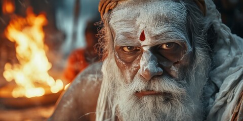 Wall Mural - Indian sadhu performing rituals at kumbh mela with sacred fire burning