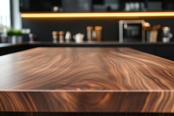 Wall Mural - Modern kitchen countertop, wood grain texture, blurred background, product placement