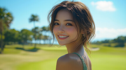 Japanese woman wearing a green dress smiling at green grass field and blue sky