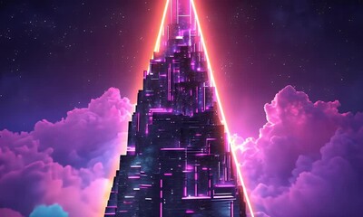 Wall Mural - neon pyramid cityscape above clouds, 80s retro