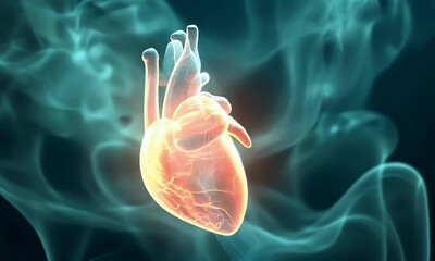 Wall Mural - glowing human heart, smoke background, medical illustration