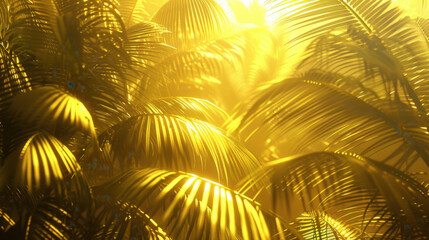 Wall Mural - Golden palm leaves create vibrant tropical atmosphere, illuminated by sunlight. lush foliage evokes sense of warmth and tranquility, perfect for nature lovers