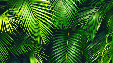 Wall Mural - Lush green palm leaves create vibrant tropical backdrop, showcasing nature beauty and tranquility. intricate patterns and textures of foliage evoke sense of calm and relaxation