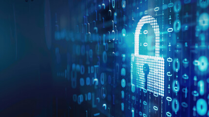 Digital lock symbol on blue background with binary code, representing cybersecurity and data protection