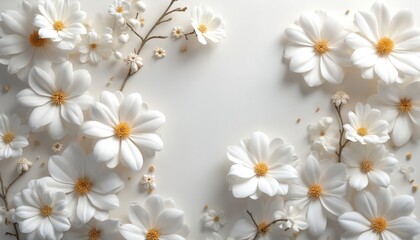 Poster - Generative AI illustration features white floral design background. Textured wallpaper with seamless botanical pattern. Elegant style for decorative interior, wall, home. Modern, stylish, aesthetic