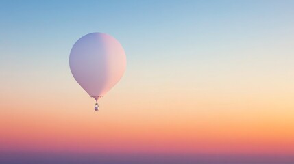  28.Wide shot of a blank white helium balloon rising into the atmosphere, its smooth surface standing out sharply against the vivid hues of the horizon.
