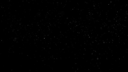 Natural Organic Dust Particles Floating On Black Background. Glittering Sparkling Particles Randomly Spin In The Air With Bokeh. Dynamic Particles With Fast And Slow Motion. Shimmering Dust In Space.	