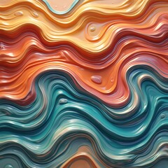 Aufkleber - Seamless pattern with colorful iridescent wavy texture. Abstract liquid marble background. Green, orange, teal colors. Holographic metallic mirror prism foil effect. Three-dimensional design. Bright