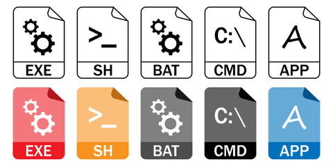 collection of executable and shell script file format icons (exe, sh, bat, cmd, app) in outline and 
