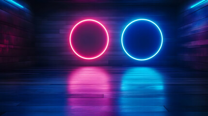 Wall Mural - a vibrant scene featuring neon circles in pink and blue lights, reflecting on a smooth surface, crea