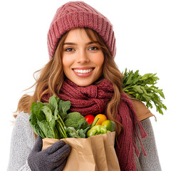 Woman with vegetables isolated on transparent background