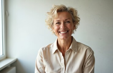 Wall Mural - Portrait of cheerful mature woman with toothy smile. Attractive lady with short blonde hair, wearing shirt, posing. Confident happy person looks at camera. Successful older age concept. Positive