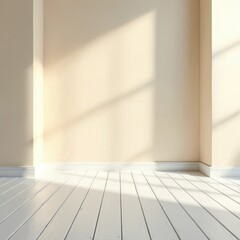 Fototapete - Empty interior scene with sunlit beige wall, white skirting board, wooden floor. Perfect background mockup for product presentation, gallery, exhibition. Simple scene for architecture projects. Light