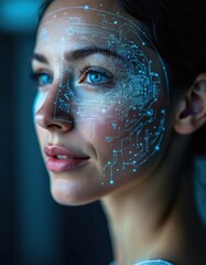Poster - Woman with digital face mapping, biometric ID. Advanced facial recognition tech concept for cybersecurity, tech innovations, AI projects. Female with circuit pattern on face symbolizes future tech.